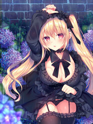  belt black_dress black_headwear black_panties black_thighhighs blonde_hair blush breasts choker cleavage commentary_request cross cross_earrings detached_collar dress earrings female flower frilled_choker frilled_thighhighs frills garter_belt hair_between_eyes hand_on_own_head headdress hydrangea jewelry large_breasts lolita_fashion long_hair long_sleeves looking_at_viewer official_art open_mouth original outdoors panties pantyshot rain red_eyes sidelocks skirt_hold solo sorai_shin&#039;ya stone_wall thighhighs twintails underwear wall wet 