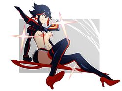  black_hair blue_eyes breasts closed_mouth commentary_request female full_body gloves hair_ornament high_heels highres kill_la_kill long_sleeves looking_at_viewer matoi_ryuuko medium_breasts microskirt multicolored_hair navel psylduck red_footwear red_hair revealing_clothes scissor_blade_(kill_la_kill) senketsu short_hair simple_background sitting skirt smile solo stomach striped suspenders sword thighhighs thighs two-tone_hair vertical_stripes weapon 