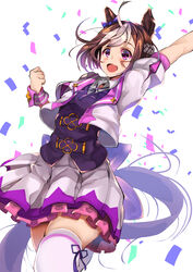  :d absurdres animal_ears arm_up black_ribbon black_vest bow brown_hair clenched_hand commentary confetti cowboy_shot cropped_jacket dress_shirt female frilled_skirt frills grey_headband hachimaki headband highres horse_ears horse_girl horse_tail jacket kamakura_(clupeoidei) leg_up miniskirt multicolored_hair neck_ribbon open_mouth pleated_skirt purple_bow purple_eyes ribbon shirt single_horizontal_stripe skirt smile solo special_week_(umamusume) standing standing_on_one_leg tail thighhighs two-tone_hair umamusume vest white_background white_hair white_jacket white_shirt white_skirt white_thighhighs wind wing_collar wrist_cuffs 