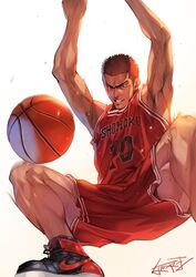  1boy absurdres ball basketball basketball_(object) basketball_uniform commentary_request from_below grin highres jumping male_focus muscular muscular_male nakayama_yuuji nike_(company) red_hair sakuragi_hanamichi shorts signature simple_background slam_dunk_(basketball) slam_dunk_(series) smile solo sportswear sweat white_background 