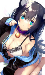  animal_ear_fluff animal_ears bell black_hair blue_eyes blush bra breasts cat_ears cat_girl chita_(ketchup) commentary female hair_between_eyes highres jacket jingle_bell long_hair looking_at_viewer open_clothes open_jacket original simple_background solo symbol-only_commentary tail underwear white_bra 