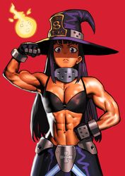  abs biceps bikini bikini_top_only black_bikini black_gloves black_hair cessa cowboy_shot en&#039;en_no_shouboutai female fire flexing gloves glowing hand_on_own_hip hand_up hat highres long_hair looking_at_viewer maki_oze muscular muscular_female obliques pose pyrokinesis red_background serious simple_background solo swimsuit veins witch_hat 