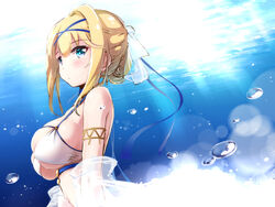  air_bubble azur_lane bare_shoulders blonde_hair blue_eyes blush breasts bubble closed_mouth clothing_cutout dress female from_side hair_bun jeanne_d&#039;arc_(azur_lane) jeanne_d&#039;arc_(saintess_of_the_sea)_(azur_lane) large_breasts light_rays looking_at_viewer looking_to_the_side nitchi official_alternate_costume see-through shawl short_hair sidelocks single_hair_bun skindentation sleeveless sleeveless_dress solo sunbeam sunlight underboob underboob_cutout underwater upper_body veil white_dress 