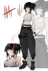  belt belt_pouch black_footwear black_hair black_pants blood blood_on_clothes blood_on_face blood_on_hands blood_writing breasts choker cleavage closed_mouth commentary english_commentary female full_body highres holding holding_weapon knife looking_at_viewer medium_breasts multiple_views original pants ponytail pouch procreate_(medium) red_eyes scar scar_on_arm scar_on_cheek scar_on_chest scar_on_face scar_on_neck scar_on_stomach signature simple_background standing tally watch weapon white_background wristwatch yoimon zoom_layer 