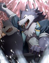  anthro canid canine canis cheering duo fur grey_body grey_fur hati_(tas) hi_res lifewonders male mammal ponzu_tas smile tokyo_afterschool_summoners wolf 