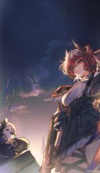  2girls absurdres animal_ears arknights bird black_coat black_eyes black_skirt breasts closed_mouth coat cowboy_shot feather_hair fiammetta_(arknights) from_below gradient_sky grey_hair gun heavyrain_(arknights) heavyrain_(tranquil_moss)_(arknights) high-waist_skirt highres holding holding_gun holding_weapon horse_ears large_breasts long_sleeves looking_at_viewer looking_back looking_down multiple_girls official_alternate_costume open_clothes open_coat parted_lips red_eyes red_hair shield shirt short_hair skirt sky star_(sky) starry_sky suspender_skirt suspenders thigh_strap twilight v weapon white_shirt xiaohuanjie 