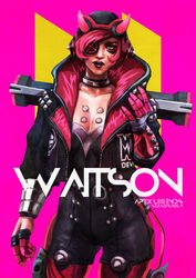  absurdres alternate_costume apex_legends black_lips blue_eyes bodysuit breasts character_name choker cleavage commentary contrapposto copyright_name cyber_punked_wattson cyberpunk english_commentary eyepatch facial_tattoo female helmet highres hood hood_down hooded_jacket horns jacket lipstick makeup medium_breasts monori_rogue oni_horns photoshop_(medium) pink_background pink_hair short_hair solo standing tattoo wattson_(apex_legends) 