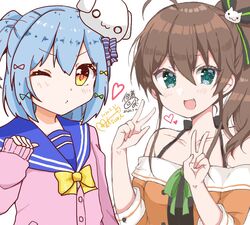  1boy aqua_hair brown_dress brown_hair cardigan cat_hair_ornament collaboration double_v dress female green_eyes green_ribbons hair_between_eyes hair_ornament heart hololive inuyama_tamaki inuyama_tamaki_(1st_costume) making-of_available natsuiro_matsuri natsuiro_matsuri_(1st_costume) natsuiro_matsuri_(artist) noripro oerba_yun_fang otoko_no_ko pink_cardigan ribbon school_uniform serafuku side_ponytail signature sleeves_past_wrists tsukudani_norio v virtual_youtuber yellow_eyes yellow_ribbon 