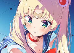  absurdres bishoujo_senshi_sailor_moon bishoujo_senshi_sailor_moon_s blonde_hair blue_eyes blue_sailor_collar bow breasts choker circlet cleavage clenched_teeth collarbone commentary_request crescent crescent_earrings derivative_work diadem double_bun earrings female hair_bun hair_ornament hair_over_shoulder heart heart_choker highres ichijo_rei jewelry long_hair magical_girl meme parted_bangs red_bow red_choker sailor_collar sailor_moon sailor_moon_redraw_challenge_(meme) sailor_senshi_uniform screenshot_redraw short_sleeves solo sweatdrop teeth tsukino_usagi twintails upper_body 