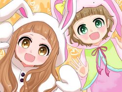  1boy animal_costume animal_hood brown_eyes cosplay costume_switch female green_eyes himeno_kanon hood ichihara_nina idolmaster idolmaster_cinderella_girls idolmaster_cinderella_girls_starlight_stage idolmaster_side-m kigurumi lolicon looking_at_viewer mittens open_mouth rabbit_costume rabbit_hood rino_cnc smile 