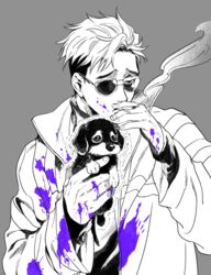  1boy alternate_hairstyle animal canine cigarette dachshund holding holding_animal holding_cigarette jacket jitome killing_stalking male_focus oba-min oh_sangwoo paint_on_body paint_on_clothes puppy smoke smoking spot_color sunglasses trembling undercut 