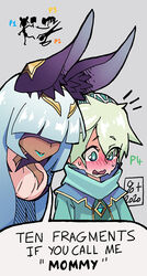  1boy 2girls 2others animal_ear_fluff animal_ears blue_hair blue_lips blunt_bangs blush ciella dark_skin dragalia_lost english_text eyes_visible_through_hair gameplay_mechanics gem green_eyes green_hair lin_you lipstick long_hair looking_down lowen_(dragalia_lost) makeup multiple_girls multiple_others open_mouth parted_lips percentplus rabbit_ears signature speech_bubble sweat tongue 