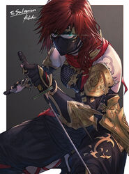  commission female final_fantasy final_fantasy_xiv glowing glowing_eyes green_eyes hyur ivris linmei_quan mask mouth_mask ninja ninja_(final_fantasy) ninja_mask red_hair solo sword warrior_of_light_(ff14) weapon 