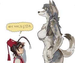  2girls animal_ears antenna_hair bad_id bad_twitter_id braid breasts brown_fur brown_hair closed_mouth collared_shirt crescent_print english_text fez_hat from_side furry furry_female grey_fur grey_hair hand_up highres large_breasts long_hair meme mesuturki_(mossacannibalis) mossacannibalis multiple_girls my_ancestor_(meme) original profile red_eyes red_headwear red_vest salute shirt simple_background standing star_and_crescent tail tassel thought_bubble turkey_(country) twintails vest white_background white_shirt wolf_ears wolf_girl wolf_tail 