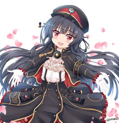  :d armband ascot black_hair black_hat black_jacket black_skirt collared_shirt commentary_request dress_shirt female frilled_skirt frilled_sleeves frills gloves hachiroku_(maitetsu) hair_ornament hair_rings half_updo hat highres jacket long_hair long_sleeves looking_at_viewer maitetsu open_clothes open_jacket open_mouth peaked_cap petals photoshop_(medium) red_eyes shirt simple_background skirt smile solo suspender_skirt suspenders tamayan teeth twitter_username upper_teeth_only very_long_hair white_ascot white_background white_gloves white_shirt 