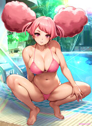  afro_puffs alternate_costume big_hair bikini blush breasts chuatury_panlunch double_bun female gundam gundam_suisei_no_majo hair_bun highres large_breasts lens_flare long_hair looking_at_viewer navel outdoors oyaman pink_bikini pink_eyes pink_hair pool shiny_skin short_bangs sideboob skindentation smile solo spread_legs squatting stomach swimsuit 