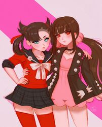  2girls asymmetrical_bangs asymmetrical_hair black_choker black_hair black_jacket black_nails blue_eyes blunt_bangs blush breasts brown_hair choker closed_mouth collarbone commentary cosplay costume_switch cowboy_shot danganronpa_(series) danganronpa_v3:_killing_harmony dress earrings english_commentary frown hair_ornament hair_ribbon hair_scrunchie harukawa_maki highres jacket jewelry long_hair long_sleeves looking_at_viewer low_twintails marnie_(pokemon) medium_hair missarilicious mole mole_under_eye multiple_girls nail_polish open_clothes pink_background pink_dress pleated_skirt pokemon pokemon_swsh red_eyes red_legwear red_ribbon red_scrunchie red_shirt ribbon school_uniform scrunchie serafuku shirt skirt thighhighs twintails zettai_ryouiki 