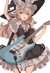  arm_up black_hat blush bow brown_hair electric_guitar female fender_stratocaster frills green_eyes grey_bow guitar hair_between_eyes hairbow hat highres holding holding_instrument instrument kirisame_marisa light_brown_hair long_hair mayuree open_mouth puffy_sleeves simple_background solo touhou white_background 