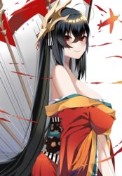  absurdres aircraft airplane azur_lane bare_shoulders black_hair blush breasts closed_mouth eyebrows_visible_through_hair female flower hair_between_eyes hair_ornament highres huge_breasts japanese_clothes kimono lilycious long_hair long_sleeves looking_at_viewer machinery mask mask_on_head off-shoulder_kimono red_eyes red_kimono sash smile solo taihou_(azur_lane) very_long_hair wide_sleeves 