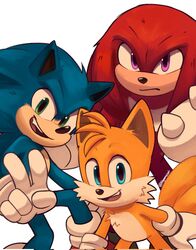  3boys animal_ears animal_nose blue_eyes blue_fur closed_mouth commentary english_commentary fox_boy fox_ears furry furry_male gloves green_eyes highres knuckles_the_echidna looking_at_viewer male_focus multiple_boys nagemzcat open_mouth pink_eyes red_fur simple_background smile sonic_(live_action) sonic_(series) sonic_the_hedgehog sonic_the_hedgehog_2_(film) tail tails_(sonic) teeth twitter_username upper_teeth_only v white_background white_gloves 