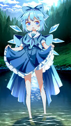  :o absurdres alternate_costume barefoot blue_bow blue_dress blue_eyes blue_hair blue_neckwear blue_serafuku bow cirno clothes_lift commentary_request dress dress_lift female forest full_body hairbow highres ice ice_wings jiege lens_flare lifting_own_clothes looking_at_viewer nature partially_submerged petticoat puffy_short_sleeves puffy_sleeves school_uniform serafuku short_hair short_sleeves solo standing touhou wings 