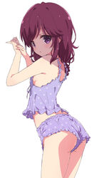  ass blush breasts female highres long_hair looking_at_viewer machikado_mazoku mel_(melty_pot) pajamas polka_dot polka_dot_pajamas purple_eyes purple_pajamas short_shorts shorts sideboob simple_background sleeveless small_breasts solo white_background yoshida_ryouko 