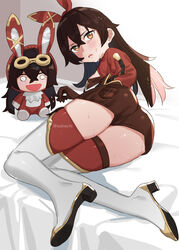  amber_(genshin_impact) ass baron_bunny_(genshin_impact) blush boots breasts brown_eyes brown_gloves brown_hair brown_shorts commentary elbow_gloves female frown full_body genshin_impact gloves hair_between_eyes hair_ribbon long_hair looking_at_viewer looking_back lying medium_breasts on_bed on_side open_mouth red_ribbon red_shirt red_thighhighs ribbon shirt short_shorts shorts shrug_(clothing) solo stuffed_toy subachi sweat tears thigh_boots thighhighs thighhighs_under_boots thighs twitter_username white_footwear white_thighhighs 