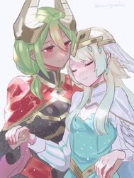  2girls alternate_costume alternate_hair_length alternate_hairstyle artist_name blonde_hair blue_hair closed_eyes closed_mouth crown dark-skinned_female dark_skin earrings fire_emblem fire_emblem_heroes fjorm_(fire_emblem) gradient_hair green_hair highres holding_hands horns jewelry laegjarn_(fire_emblem) long_hair long_sleeves multicolored_hair multiple_girls red_eyes sakuramotikun simple_background white_background yuri 