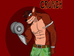  4:3 activision anthro bandicoot blue_eyes bruce_the_dino clothing crash_(series) crunch_bandicoot male mammal marsupial muscular muscular_anthro muscular_male nipples solo 