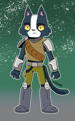  anthro avocato belt black_eyes blue_body blue_fur boots bottomwear clothing conditional_dnp domestic_cat felid feline felis final_space footwear fur green_background hi_res kazoko_(artist) male mammal pink_nose shoulder_pads simple_background solo standing topwear ventrexian yellow_sclera 