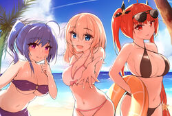  3girls ahoge alternate_costume azur_lane bare_shoulders bikini black_bikini blonde_hair blue_eyes blue_hair blush breasts cleavage commentary_request hair_ribbon halterneck highres honolulu_(azur_lane) honolulu_(summer_accident?!)_(azur_lane) large_breasts leander_(azur_lane) long_hair multiple_girls official_alternate_costume outdoors purple_eyes red_hair ribbon ryou_(ryo_217cafe) smile st._louis_(azur_lane) string_bikini swimsuit twintails 