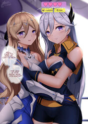  2girls armor bare_shoulders bianka_durandal_ataegina bianka_durandal_ataegina_(bright_knight:_excelsis) blonde_hair blush breasts cecilia_schariac cleavage commentary english_commentary english_text gameplay_mechanics gloves grey_hair hair_ornament honkai_(series) honkai_impact_3rd long_hair multiple_girls purple_eyes sheita shorts signature smile 