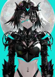  aqua_background aqua_theme armor black_hair blue_lips breastplate breasts commentary_request female full_moon grey_eyes hair_between_eyes highres lam_(ramdayo) looking_at_viewer medium_breasts mercury_(planet) moon navel navel_piercing original parted_lips personification piercing simple_background solo upper_body 