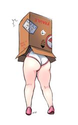  arrow_(symbol) ass ass_focus box cardboard_box character_name el_quijote english_text female from_behind full_body highres in_box in_container kneepits legs lower_body original panties pink_footwear richie_(el_quijote) shoes short_shorts shorts signature simple_background solo standing thick_thighs thighs underwear white_background white_panties 