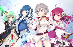  4girls ahoge bad_id bad_pixiv_id belt blue_eyes blue_hair braid chiwa_(chiwawanwan1206) chun_meiyui collarbone detached_sleeves fighting_stance fingerless_gloves flower gloves green_eyes green_hair grey_hair hair_flower hair_ornament highres holding holding_sword holding_weapon jacket katana looking_to_the_side magia_record:_mahou_shoujo_madoka_magica_gaiden magical_girl mahou_shoujo_madoka_magica multiple_girls natsume_kako open_mouth petals ready_to_draw shinobu_akira_(madoka_magica) short_hair short_shorts shorts sword tokiwa_nanaka twin_braids weapon 