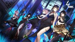  5girls :q alcohol anti-rain_(girls&#039;_frontline) bahao_diqiu bare_shoulders black_dress black_eyes black_gloves black_hair black_pantyhose blue_eyes blurry blurry_background bottle breasts brown_eyes brown_hair bug butterfly champagne_flute chinese_commentary commentary_request criss-cross_halter cup depth_of_field detached_collar dress drinking_glass dutch_angle eyepatch feet_out_of_frame girls&#039;_frontline glint gloves green_hair gun halterneck heterochromia high_heels highres large_breasts long_hair low-tied_long_hair m16a1_(blazer_of_the_trail)_(girls&#039;_frontline) m16a1_(girls&#039;_frontline) m4_sopmod_ii_(devourer_of_the_feast)_(girls&#039;_frontline) m4_sopmod_ii_(girls&#039;_frontline) m4a1_(girls&#039;_frontline) m4a1_(suspender_of_time)_(girls&#039;_frontline) medium_breasts multicolored_hair multiple_girls night official_alternate_costume official_art pantyhose parted_lips pink_hair pink_legwear ponytail ro635_(enforcer_of_the_law)_(girls&#039;_frontline) ro635_(girls&#039;_frontline) side_slit sidelocks small_breasts st_ar-15_(girls&#039;_frontline) st_ar-15_(prisoner_of_the_dream)_(girls&#039;_frontline) strapless strapless_dress streaked_hair thighlet tongue tongue_out weapon wine wine_bottle wine_glass 