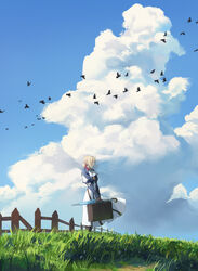  animal bad_id bad_twitter_id bird blonde_hair blue_eyes blue_sky braid braided_bun cloud cloudy_sky commentary crown_braid cumulonimbus_cloud day dirt_road dongho_kang dress facing_to_the_side female fence flock grass hair_bun hair_ribbon highres holding holding_suitcase holding_umbrella juliet_sleeves long_dress long_sleeves looking_to_the_side outdoors path puffy_sleeves red_ribbon ribbon road scenery short_hair sky solo standing suitcase umbrella violet_evergarden violet_evergarden_(series) white_dress wide_shot wind wooden_fence 