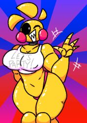  2021 anthro anthrofied avian beakless big_breasts bird black_sclera blonde_hair blush blush_stickers breasts chicken clothed clothing crop_top curvy_figure digital_media_(artwork) female five_nights_at_freddy&#039;s five_nights_at_freddy&#039;s_2 floating_hair galliform gallus_(genus) gesture glistening glistening_body gradient_background hair hand_behind_back knee_pads looking_at_viewer machine non-mammal_breasts one_eye_closed panties phasianid pink_clothing pink_panties pink_underwear portrait qoolbunart robot scottgames sharp_teeth shirt simple_background smile solo teeth thick_thighs three-quarter_portrait topwear toy_chica_(fnaf) underwear voluptuous waving white_clothing white_eyes wide_hips wink yellow_body 