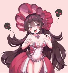  bad_id bad_pixiv_id bare_shoulders bonnet breasts brown_hair chains choker claw_pose collarbone cowboy_shot female hair_between_eyes hands_up highres illya_(princess_connect!) illya_(small)_(princess_connect!) light_blush long_hair looking_at_viewer medium_breasts midriff navel oerba_yun_fang open_mouth princess_connect! raised_eyebrow red_eyes revealing_clothes showgirl_skirt skull solo standing tongue tongue_out very_long_hair yareen 