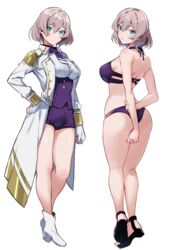  absurdres ass bikini black_footwear breasts female full_body grey_hair gridman_universe hand_on_own_hip highres legs looking_at_viewer medium_breasts military military_uniform mujina multiple_views purple_bikini purple_shorts sandals short_hair shorts simple_background ssss.dynazenon standing swimsuit thighs totoki86 uniform white_background white_footwear 