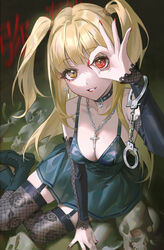  amane_misa black_choker black_dress black_footwear black_sleeves blonde_hair boots breasts chain_necklace chains choker cleavage commentary cross cross_earrings cross_necklace cuffs death_note detached_sleeves dress earrings female fishnet_thighhighs fishnets from_above full_body garter_straps gothic_lolita grin handcuffs heart heart_choker heterochromia highres jewelry jyuma lace-trimmed_sleeves lace_trim latin_cross lolita_fashion long_hair looking_at_viewer nail_polish necklace ok_sign ok_sign_over_eye pile_of_skulls red_eyes red_nails sitting skull sleeveless sleeveless_dress smile solo thighhighs two_side_up yellow_eyes yokozuwari 