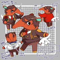  1boy animal animal_crossing animal_ears anteater anteater_ears anteater_tail black_eyes black_hair black_jacket blue_bow blue_bowtie bow bowtie eyelashes flower formal highres jacket looking_at_viewer olaf_(animal_crossing) protected_link red_jacket rose ruri_(347sankaku) sparkle suit tail tail_wagging waving 