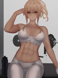  abs absurdres bad_id bad_twitter_id blonde_hair blue_eyes bottle breasts buruma cleavage exercising female genshin_impact gym_uniform highres jean_(genshin_impact) large_breasts nike_(company) pants sidelocks sports_bra sportswear thighs tied_hair toned towel water_bottle weights white_pants white_sports_bra zaki_(zaki_btw) 