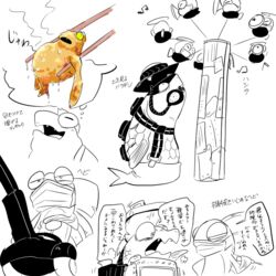  1:1 anthro armor batekka big_shot_(splatoon) chopsticks dialogue fantasizing fish group humor japanese_text male marine mask nintendo salmonid_(splatoon) scrapper_(splatoon) speech_bubble splatoon steel_eel_driver steelhead text translation_request 