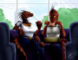  anthro beverage blueondrive bottomwear clothing collar denim denim_bottomwear denim_clothing dinosaur dromaeosaurid duo extinct female female/female fish food furniture jeans marine pants prehistoric_species reptile restaurant rift_seekers_saga sandwich_(food) scalie shaaux_kautner soda sofa theropod velociraptor zahra_borngen 