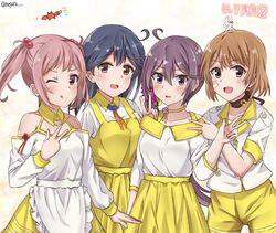  4girls ahoge akebono_(kancolle) alternate_costume anniversary apron bad_id bad_twitter_id bandaid bandaid_on_face bell blue_hair blush brown_hair crab dress flower hair_bell hair_bobbles hair_flower hair_ornament jingle_bell kantai_collection long_hair long_sleeves meguru_(megurunn) multiple_girls neck_ribbon oboro_(kancolle) one_eye_closed open_mouth pink_hair purple_hair rabbit ribbon sazanami_(kancolle) short_hair short_sleeves short_twintails shorts simple_background skirt tongue tongue_out twintails twitter_username ushio_(kancolle) v white_apron yellow_shorts yellow_skirt 