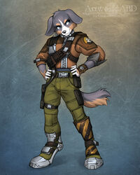  2018 2k_games 4:5 5_fingers abluedeer anthro axton_(borderlands) black_nose blue_eyes borderlands canid canine canis clothed clothing digital_media_(artwork) domestic_dog fingers hi_res male mammal shaded solo standing 