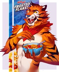  anthro cereal cereal_mascot claws countershading fangs felid food frosted_flakes fruit hi_res kellogg&#039;s male mammal mascot pantherine plant solo strawberry teeth tiger tony_the_tiger xurryls 