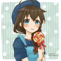  ahoge bad_id bad_twitter_id baseball_cap black_hair blue_background blue_eyes blue_hat blue_overalls blue_shirt braid candy cocoperino commentary_request dated female food hair_flaps hair_over_shoulder hat kantai_collection lollipop long_hair looking_at_viewer overalls shigure_(kancolle) shigure_kai_ni_(kancolle) shirt short_sleeves single_braid solo striped striped_background tongue tongue_out twitter_username 