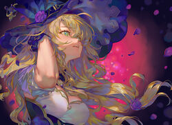  absurdres breasts cherry_blossoms cleavage commentary_request falling_petals female floating_hair flower genshin_impact gloves gold_trim green_eyes hair_between_eyes hand_up hat hat_flower highres lantern large_breasts light_brown_hair lisa_(genshin_impact) long_hair looking_up open_mouth petals purple_flower purple_gloves purple_hat purple_rose rose rui_(gsr1982) solo teeth upper_body upper_teeth_only witch_hat 